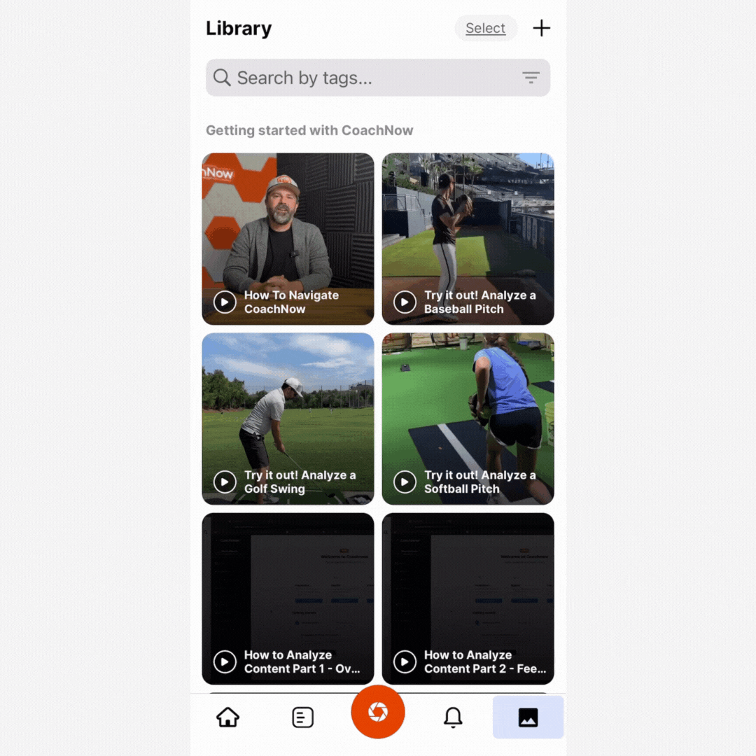 CoachNow Update 6.0 gif that shows a library of videos showing a man sitting at a desk, a baseball player throwing a pitch, a man swinging a golf club, and a girl throwing a softball pitch.