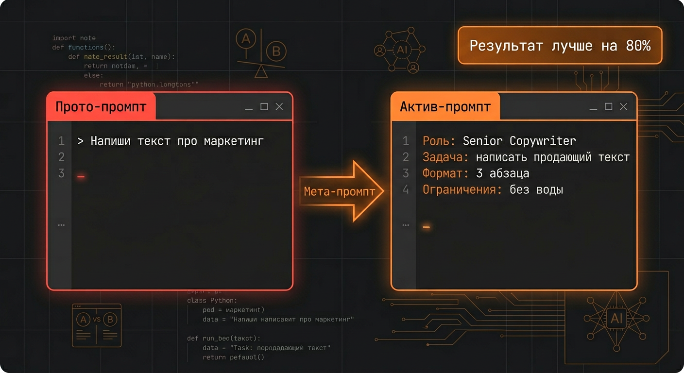 Сравнение обычного промпта и мета-промпта в консольном интерфейсе