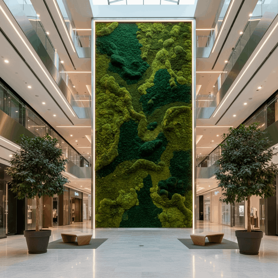 Вертикальное озеленение коммерческого интерьера — зелёная стена в ТЦ