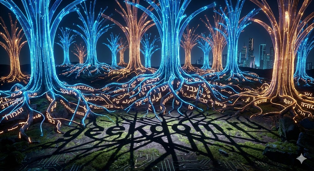 Светящийся лес из оптоволокна в виде букв, символизирующий языковое многообразие.