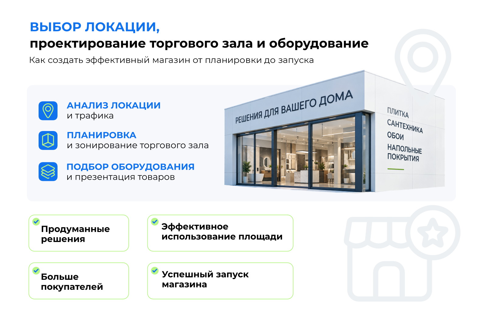Выбор локации, проектирование торгового зала и оборудование