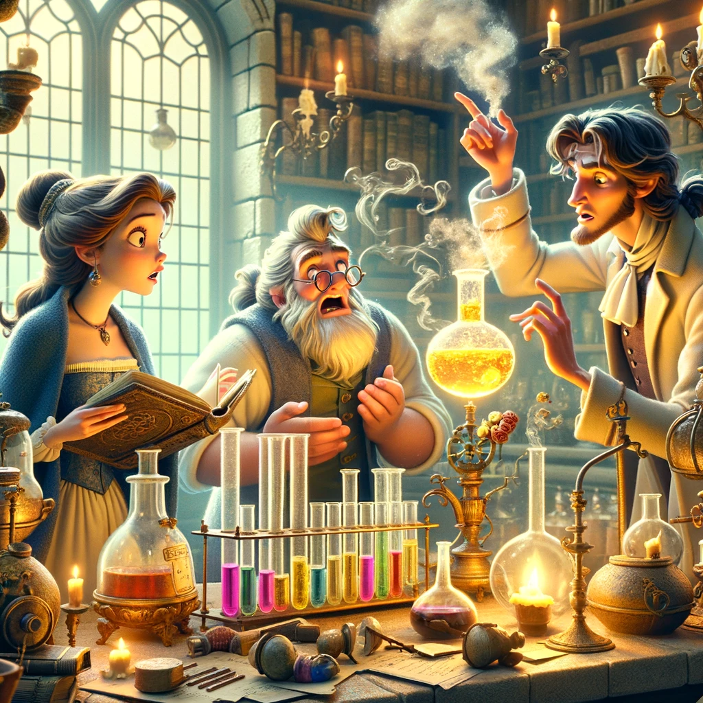 A whimsical illustration depicting three characters in a magical laboratory, surrounded by colorful flasks and reagents. One character is holding a glowing flask containing Polyethylene Glycol, symbolizing its unusual behavior. Another character looks worried, discussing the problem, while the third scrutinizes a list of ingredients. The scene is filled with enchantment and science, reminiscent of a children's animated fairy tale, rich in bright colors and imaginative details, resembling the style of classic animations like 'Beauty and the Beast'.