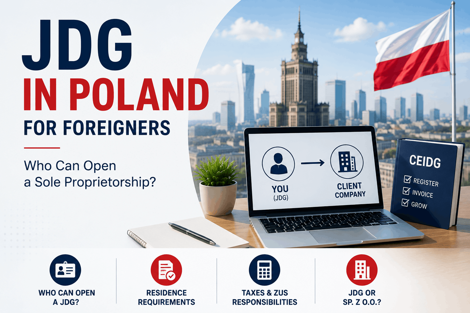 JDG in Poland for foreigners – who can open a sole proprietorship residence requirements taxes and ZUS.