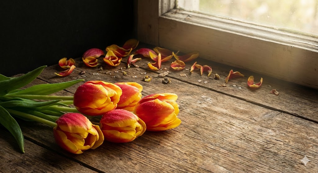 День тюльпанов весенний букет на деревянном столе.