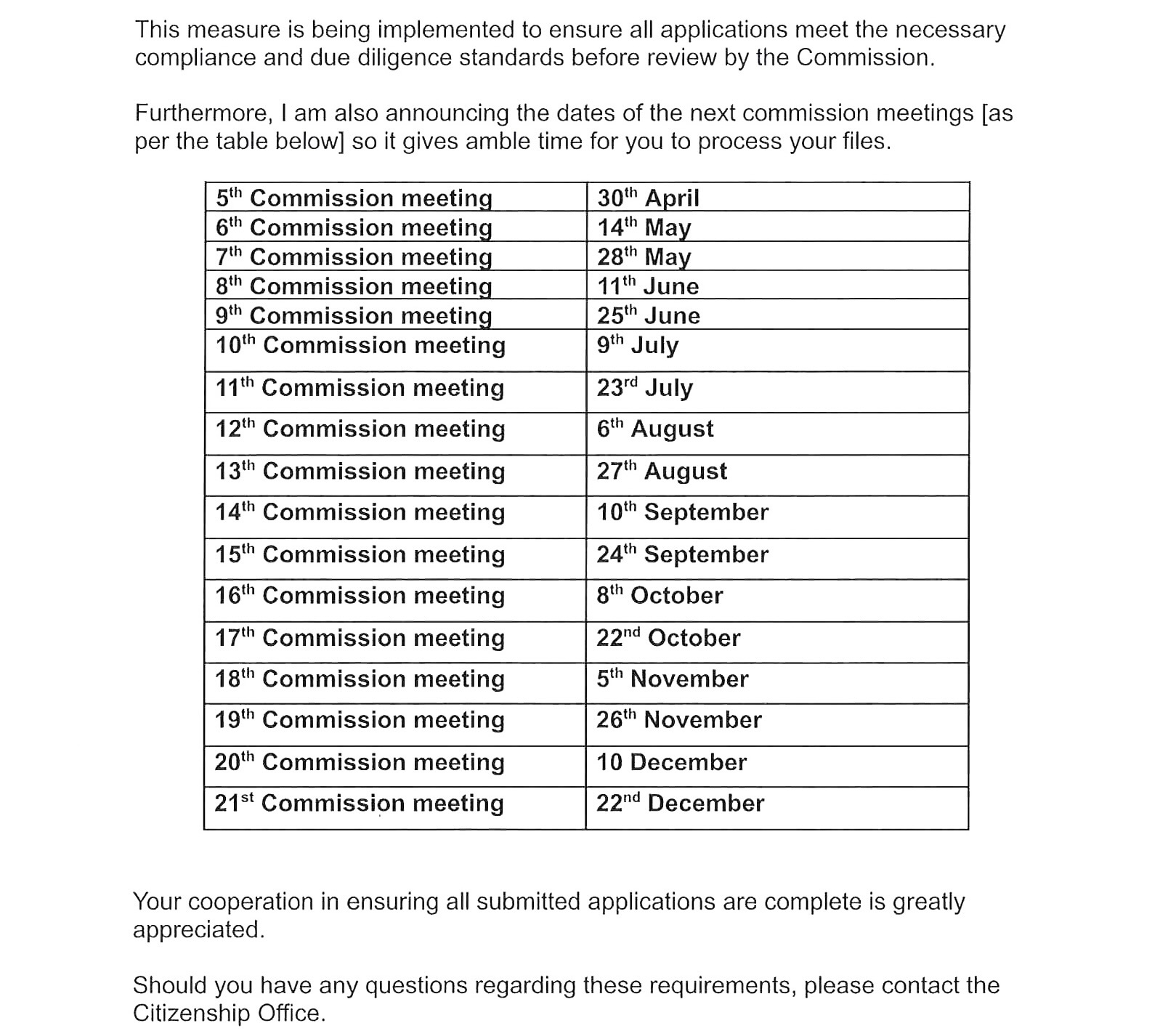 Official 2025 memo issued by the Vanuatu Citizenship Commission, including the commission meeting schedule and mandatory documentation requirements for all designated agents under the DSP and CIIP programs.