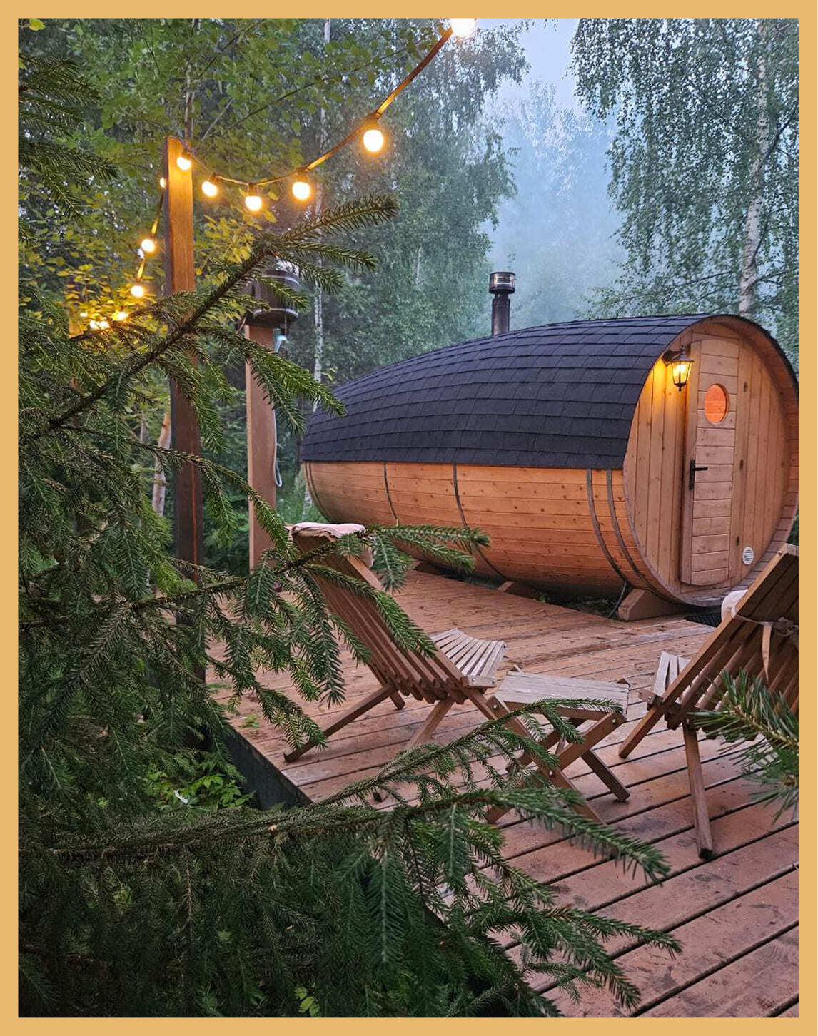 Русская баня на дровах в глэмпинге Под кронами с парилкой