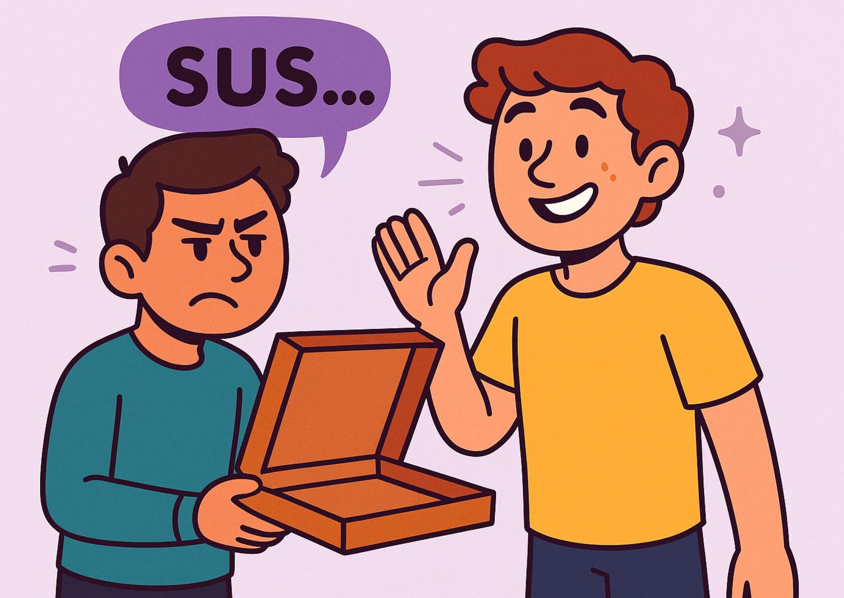 Комиксовая иллюстрация: парень держит пустую коробку и выглядит подозрительно, над ним надпись «SUS...» — пример употребления слова sus в значении «подозрительный».