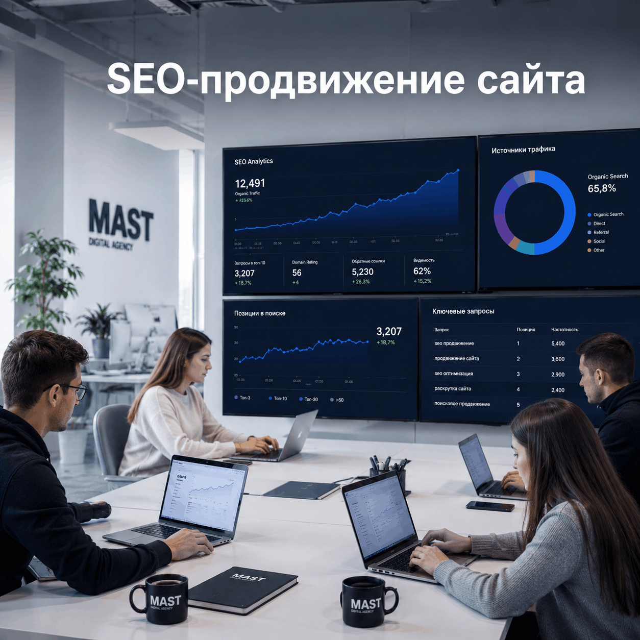 3D-график seo продвижения сайта и аналитика роста трафика в современном офисе