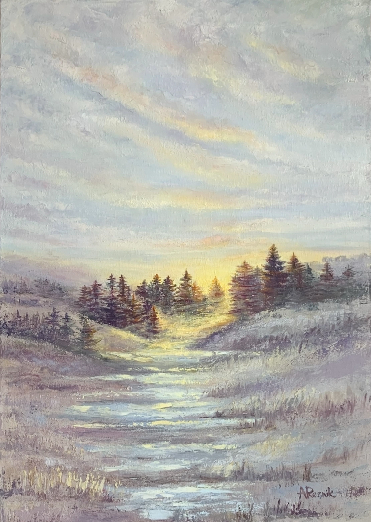  Interior painting, oil on canvas, oil painting, landscape, mountains, forest, forest landscape, author's painting, sunset, sun rays, spruce forest