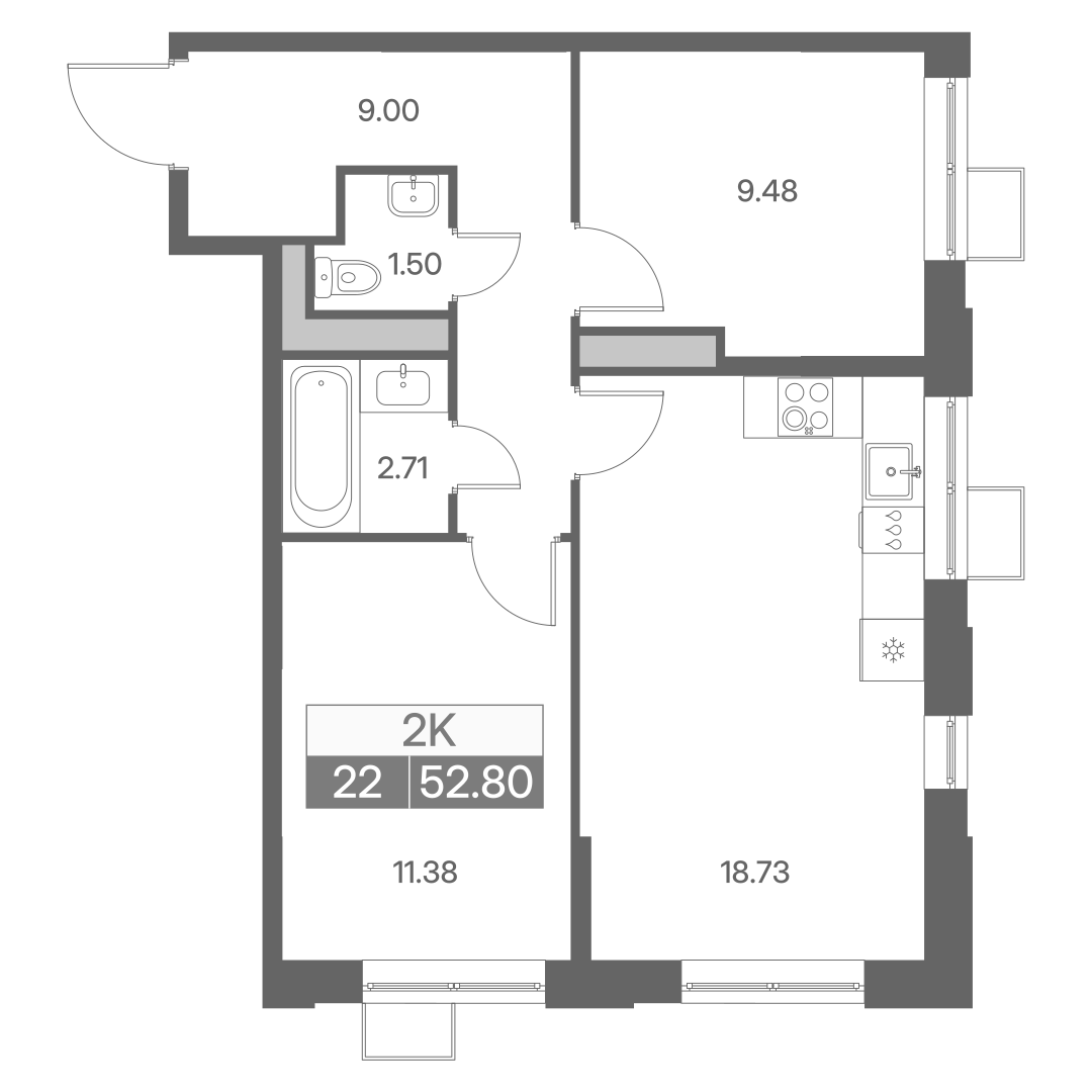 Планировка двухкомнатной квартиры 52.80 м² в ЖК Новая Львовская