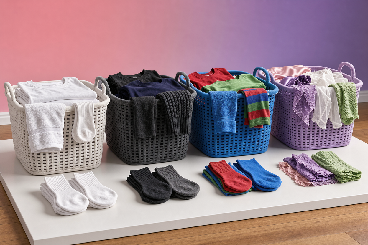 Piles of sorted laundry: separate baskets for white, dark, colored, and delicate garments on a wooden floor, close-up of fabric textures