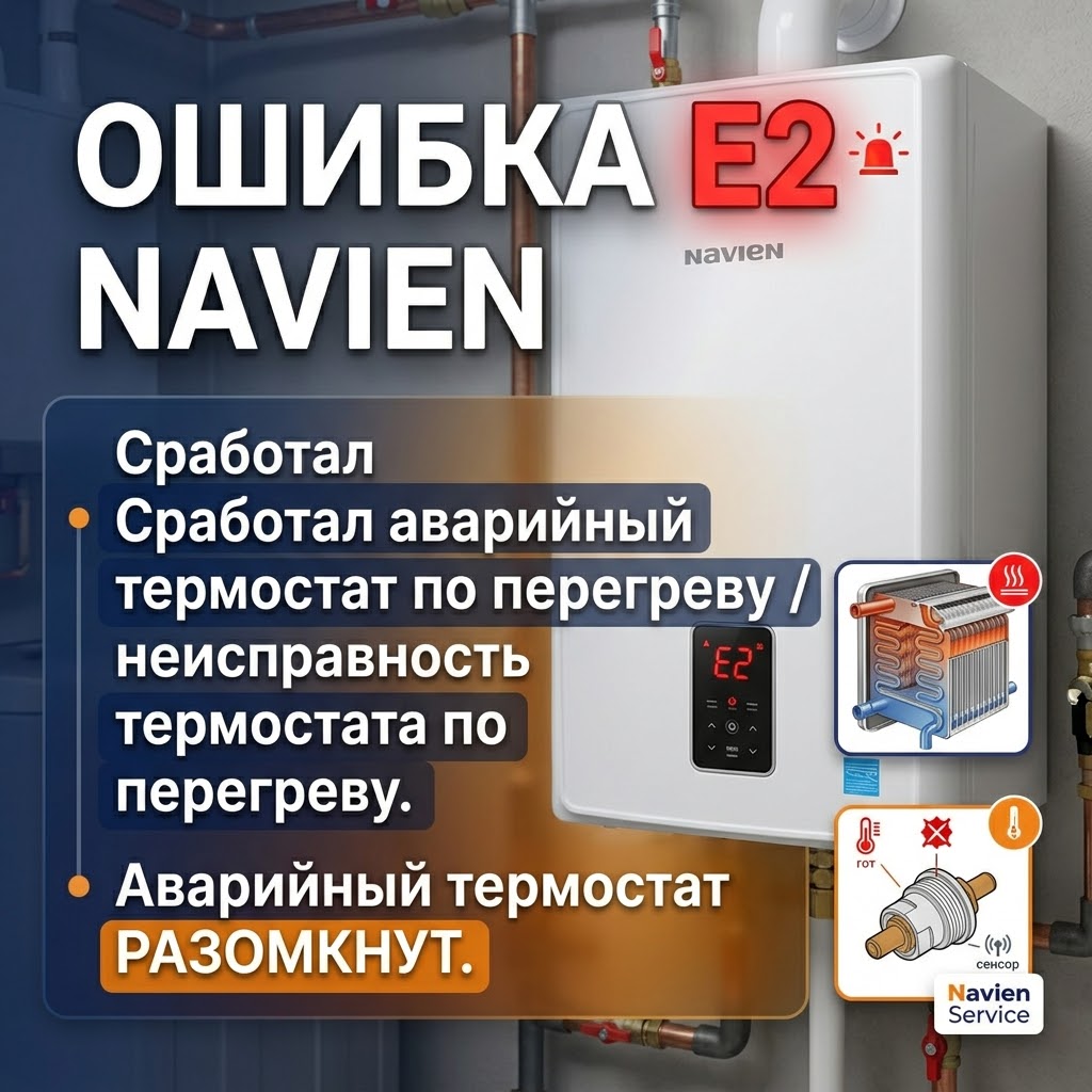 Ошибка Е2 Navien NGB 210 NGB 150. Сработал аварийный термостат по перегреву / неисправность  термостата по перегреву