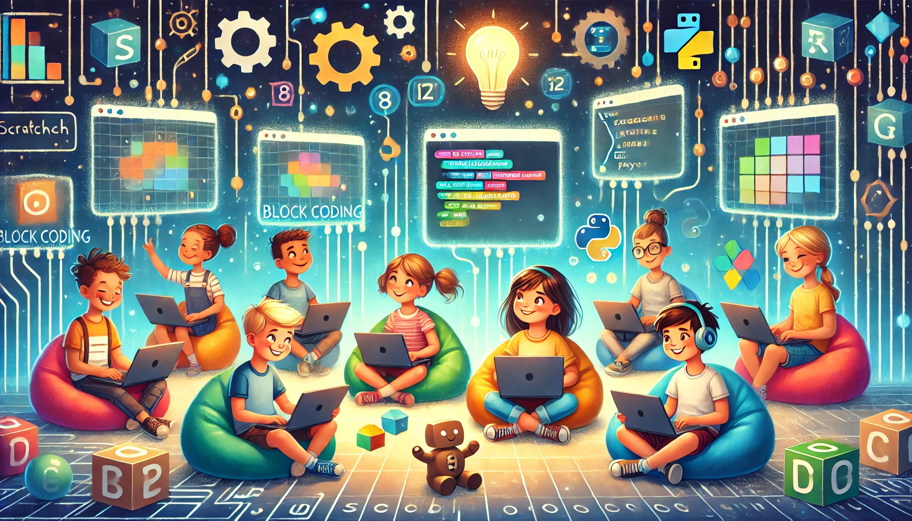 Дети разного возраста занимаются за компьютерами. На заднем фоне изображение рабочих окон с программами.