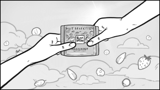 Передача шоколада как символ удовольствия – Иллюстрация из графического сценария: одна рука протягивает плитку Ritter Sport другой. Обмен вкусом, премиум-продукт, шоколадная эйфория, концептуальный маркетинг