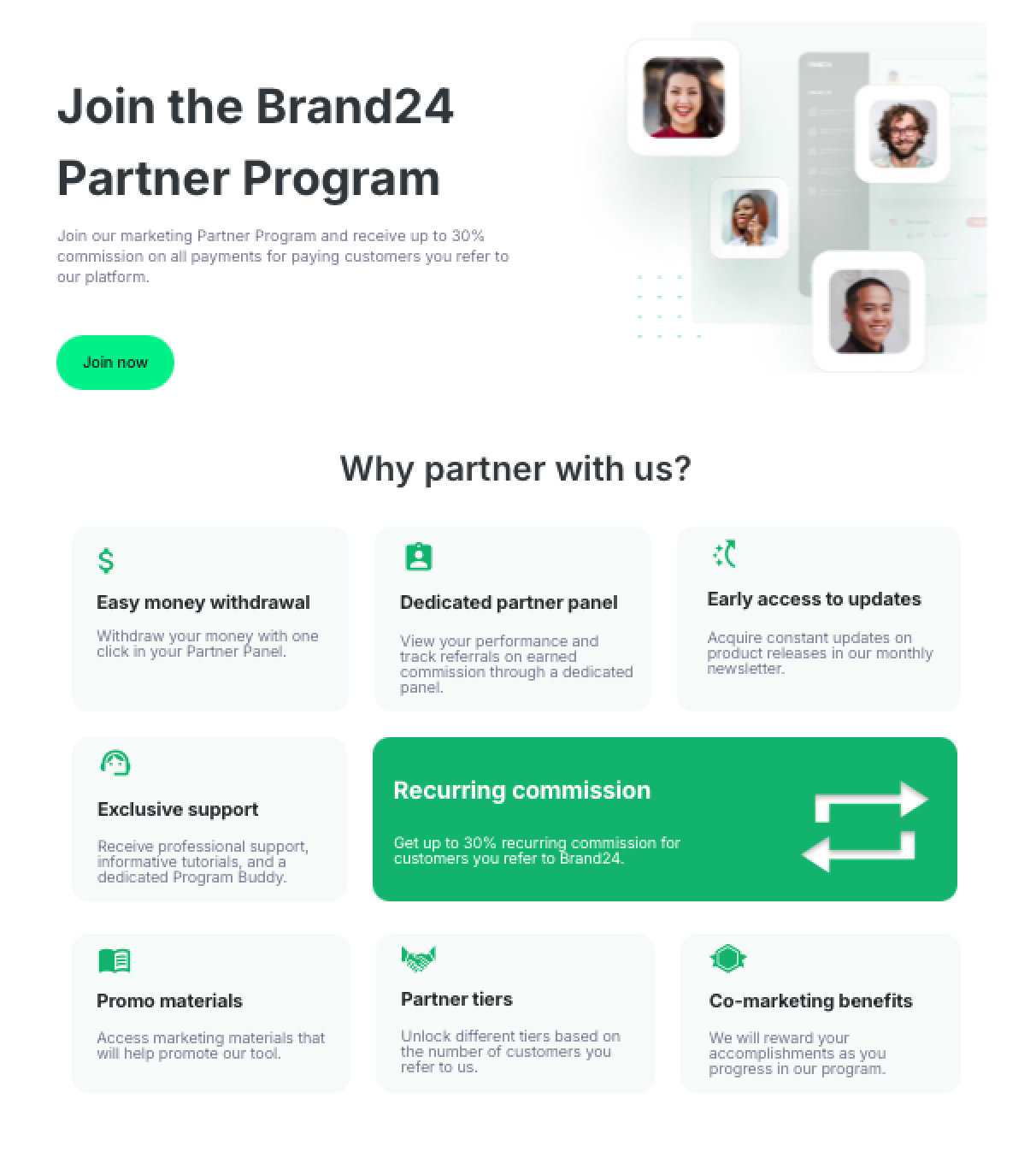 Captura del Programa de Partners de Brand24, mostrando los beneficios y comisiones para afiliados.