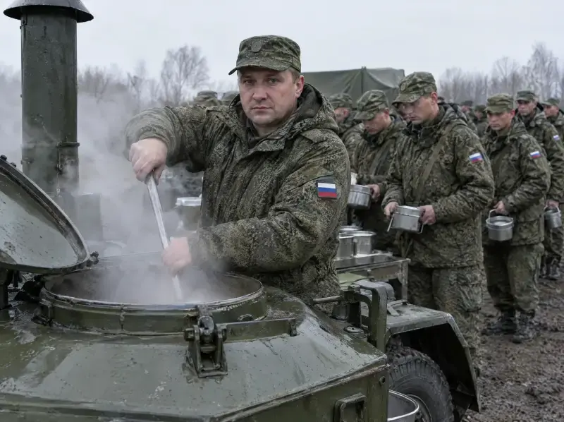 Повар у полевой кухни раздаёт еду подразделению