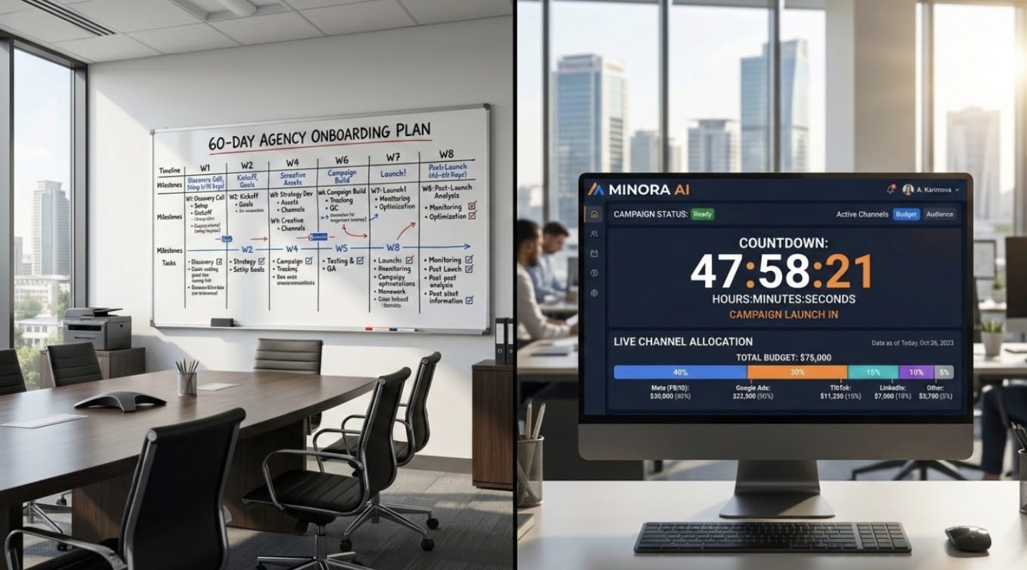 Side-by-side comparison of a traditional agency 60-day onboarding timeline versus a Minora AI autonomous platform launching campaigns across 450+ channels in 48 hours.
