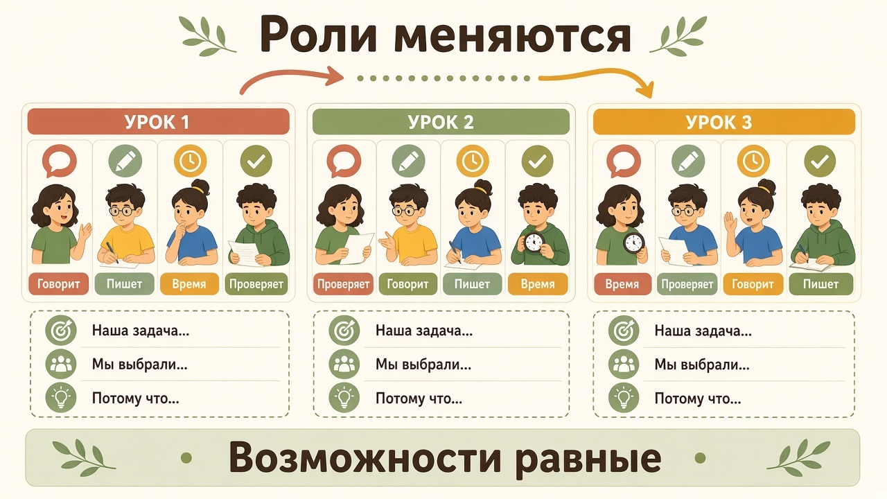 От урока к уроку роли говорящего, пишущего, следящего за временем и проверяющего переходят к другим детям
