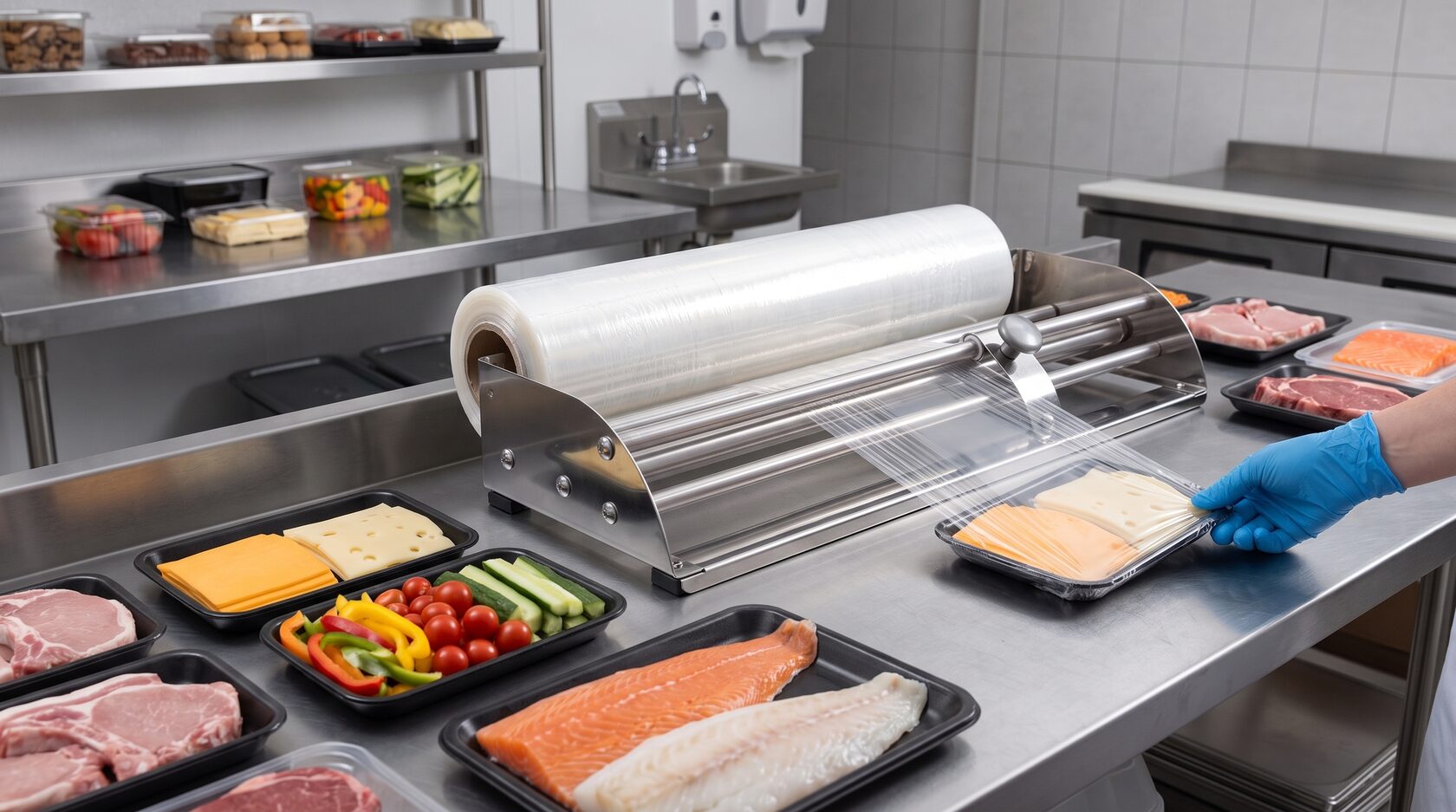 Упаковка пищевых продуктов на холодном столе в стрейч-пленку