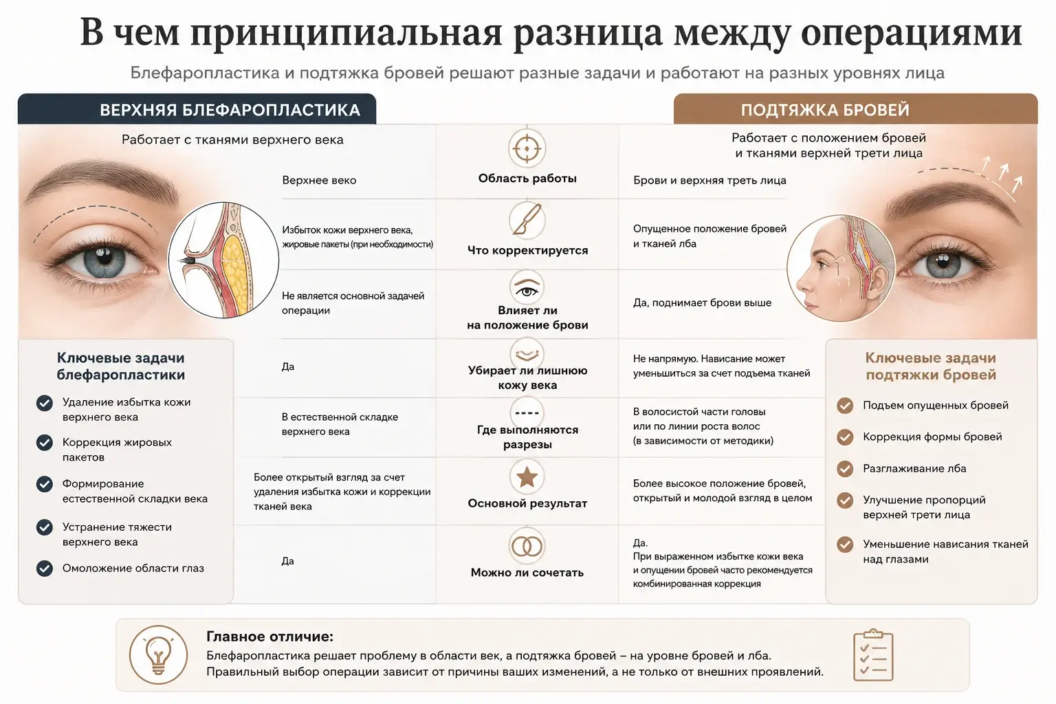 В чем разница между блефаропластикой и подтяжкой бровей - сравнение зон и задач операций
