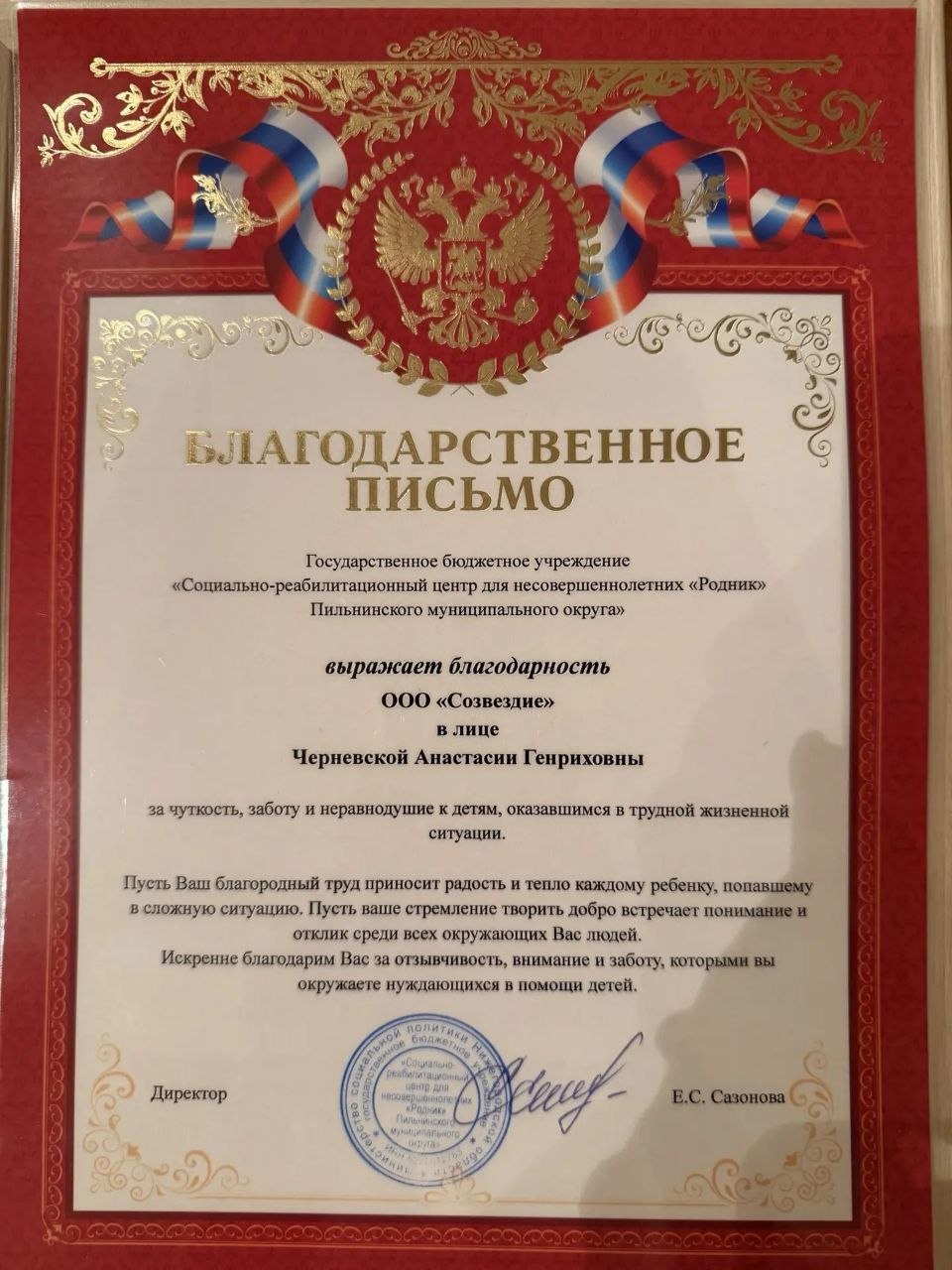 Благодарственное письмо "Родник"