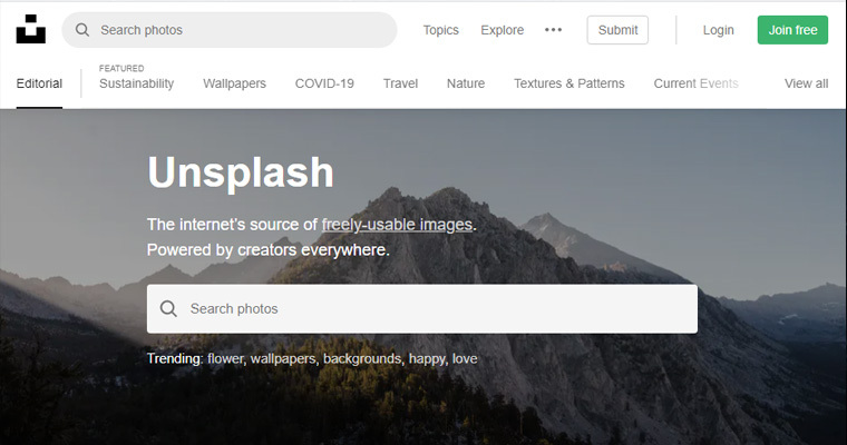 интерфейс Unsplash