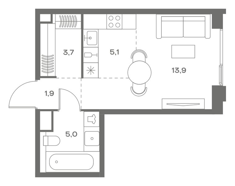 Планировка студии 29,6 м² в ЖК Soul: корпус 9, секция 12, 16-й этаж