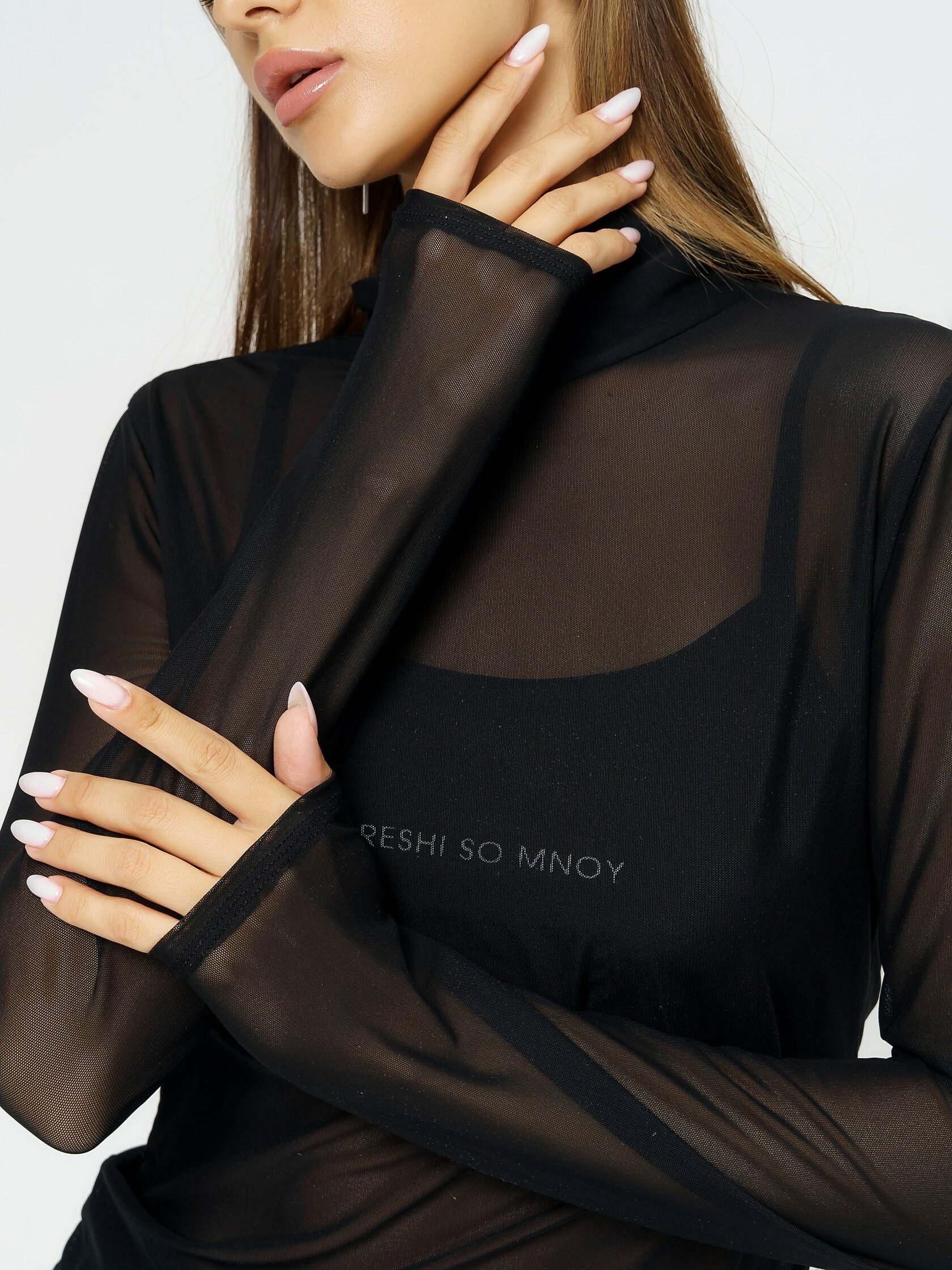 дизайнерский прозрачный прилегающий костюм черный | брюки-клеш и лонгслив с длинными рукавами и стойкой