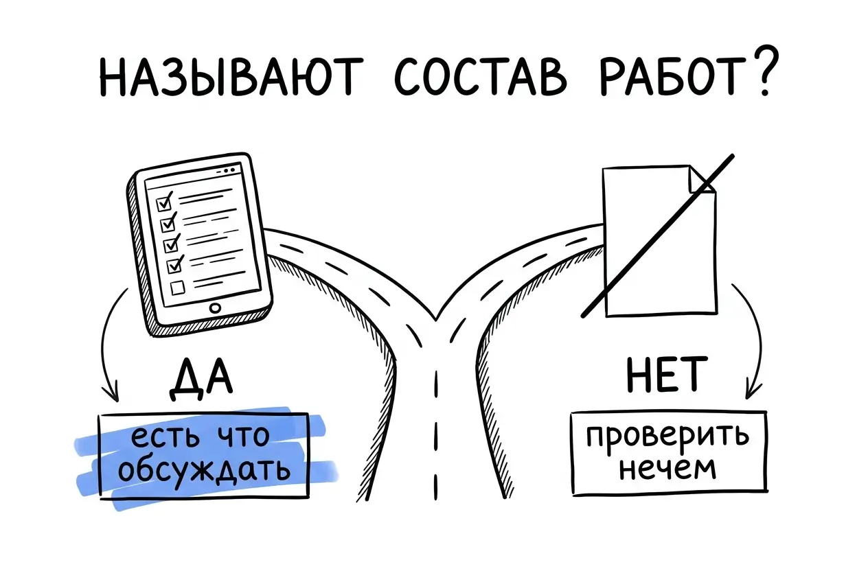 Если состав работ не называют, остальные аргументы уже не проверить