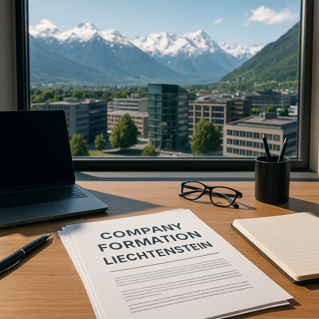 Scrivania moderna con documenti aziendali e vista sul quartiere finanziario del Liechtenstein