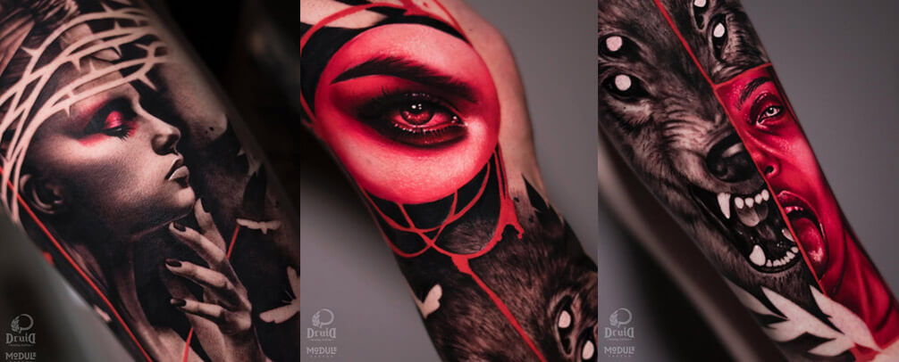 A large-scale full-leg tattoo in black and white realism with bright red accents. The composition features a female portrait wearing a crown of thorns, an image of a wolf, a realistic eye, and geometric elements. A collaboration between Rinat Tatarin Mingazdinov and Tatiana Green, Vesper, Los Angeles 