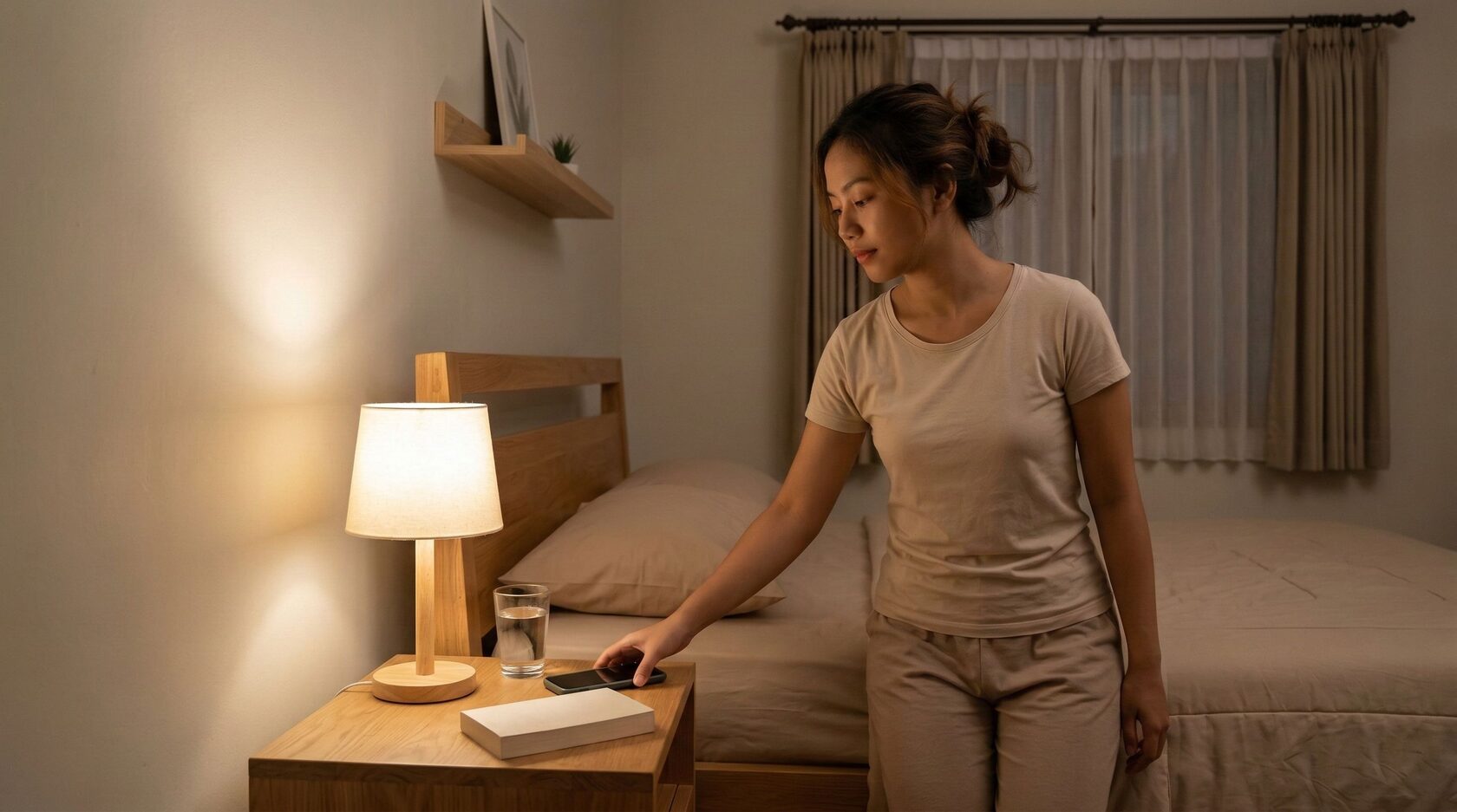 Perempuan meletakkan ponsel di meja samping tempat tidur pada malam hari sebagai ilustrasi membangun rutinitas tidur yang lebih sehat