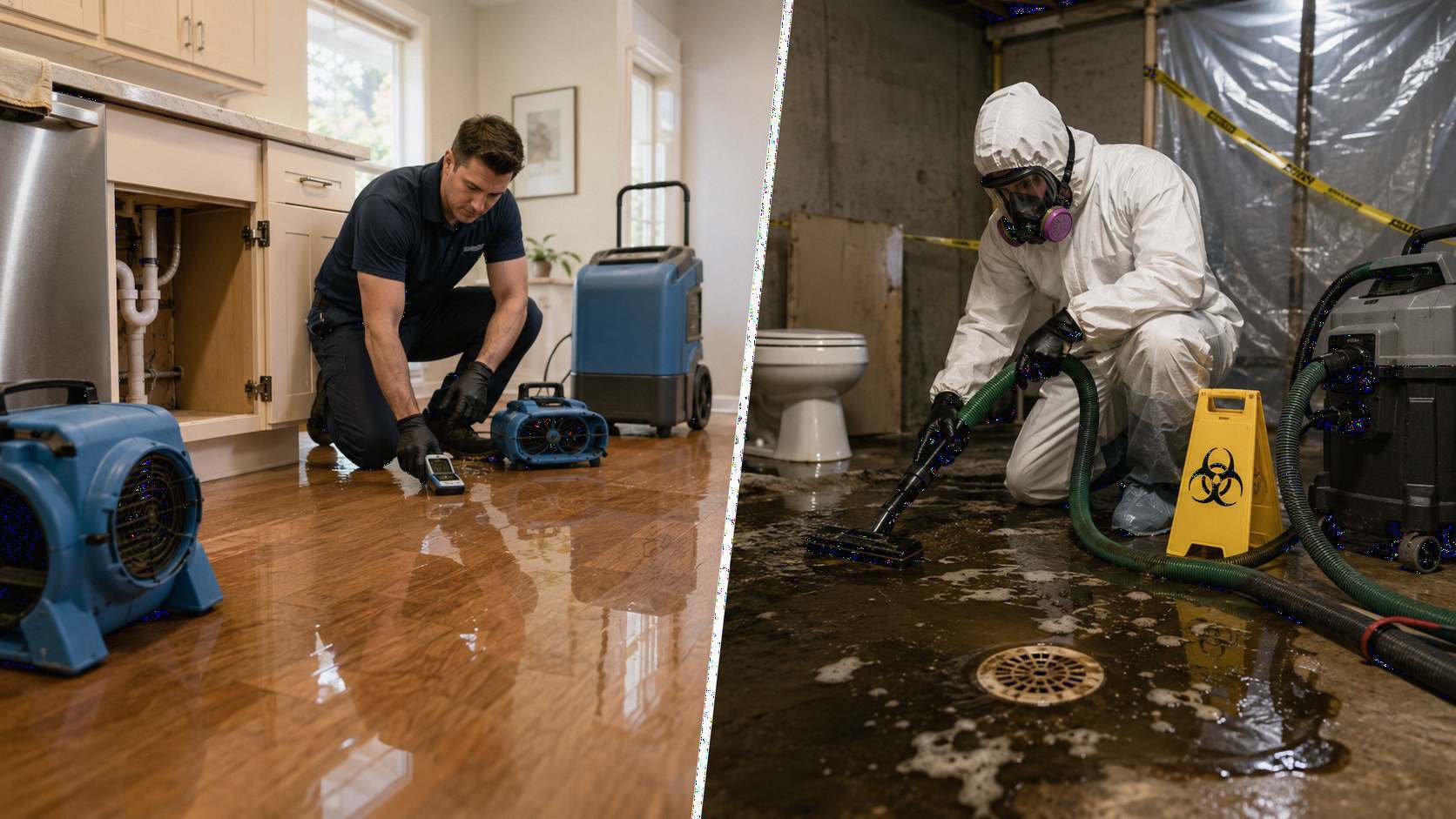 Sewage backup cleanup Virginia illustration showing the difference between regular clean water leak drying and sewage water damage cleanup with black water contamination protective gear biohazard warning extraction equipment and affected basement floor dr