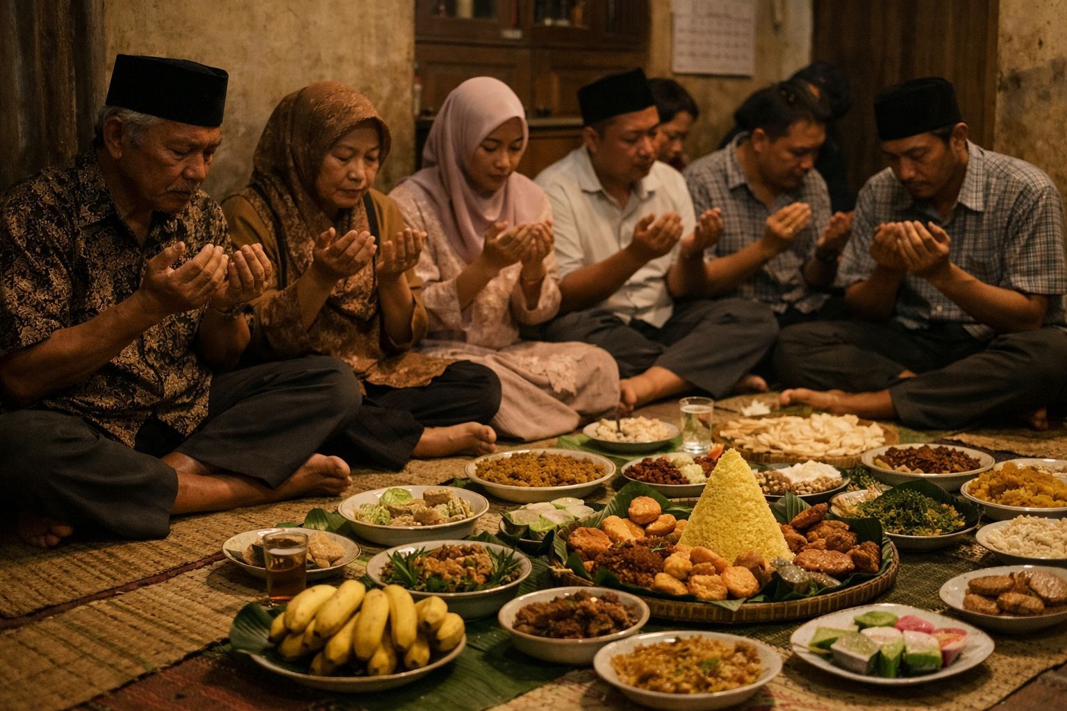 Ilustrasi keluarga dan warga mengikuti selamatan dengan doa bersama serta hidangan tradisional sebagai simbol keselamatan dan kebersamaan
