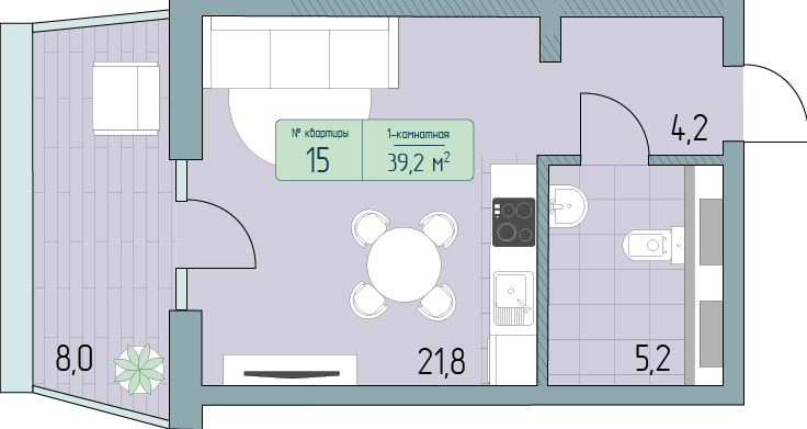 Планировка 1-комнатная 39,2 м²
