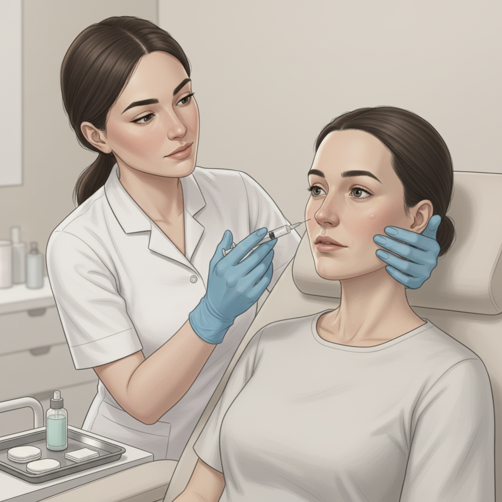 На изображении врач выполняет процедуру с помощью дермальных филлеров для восстановления объёма щек, скул и подбородка.