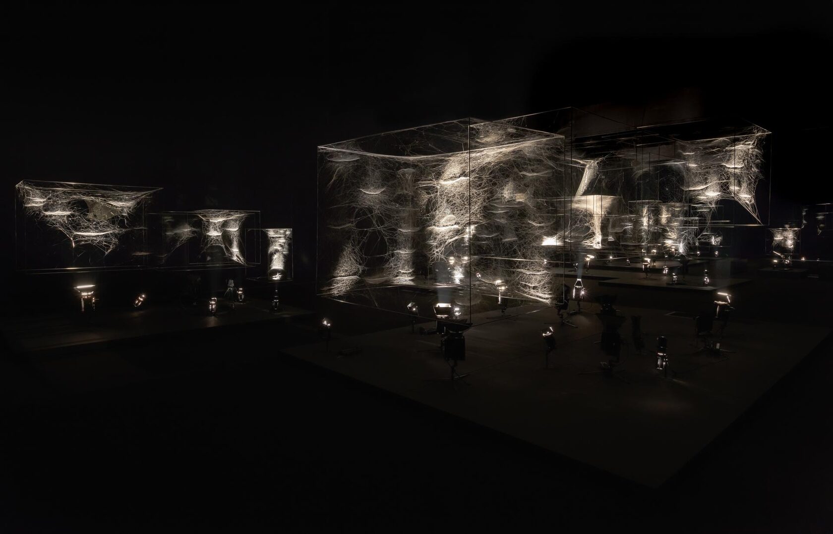 Webs of At-tent(s)ion, 2018. 76 spider frames, spider silk, carbon fiber, lights. Installation view at ON AIR, Carte Blanche to Tomás Saraceno, Palais de Tokyo, curated by Rebecca Lamarche-Vadel. © Photography by Andrea Rossetti, 2018