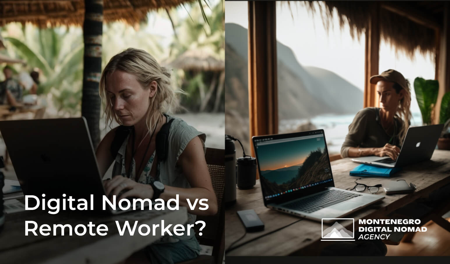 Image showing a typical interpretation of a digital nomad, alongside an image of a typical interpretation of a remote worker