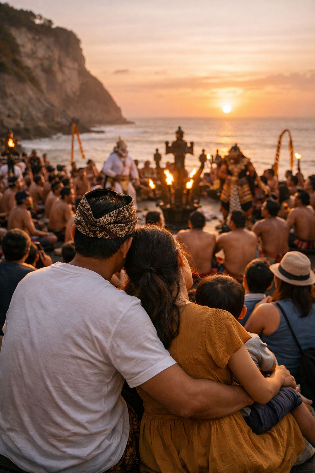 Keluarga menonton pertunjukan Tari Kecak di Pantai Melasti Bali saat sunset dengan panggung dan laut di kejauhan