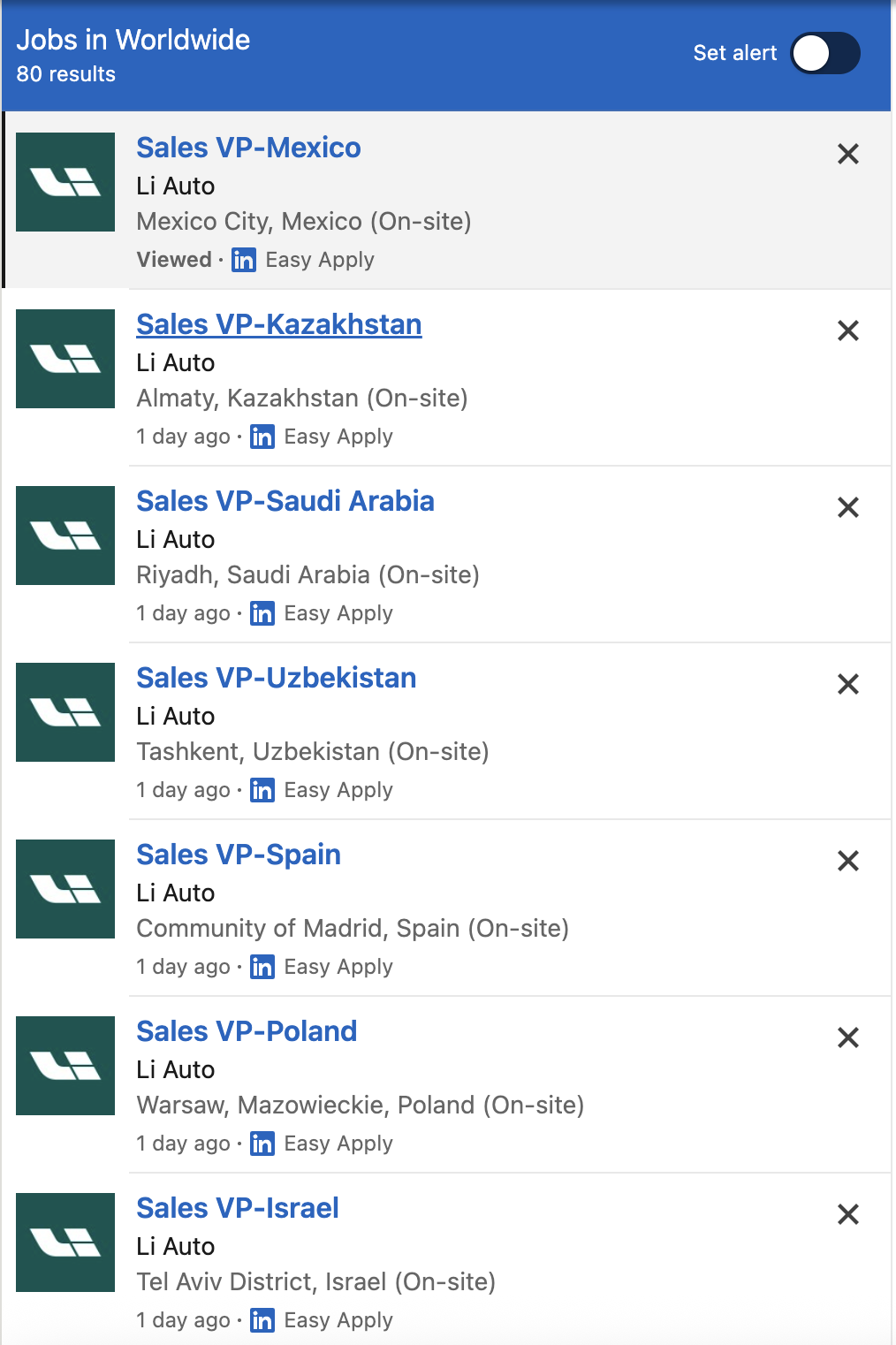 Скриншот вакансий Li Auto на LinkedIn: позиции Sales VP в семи странах мира