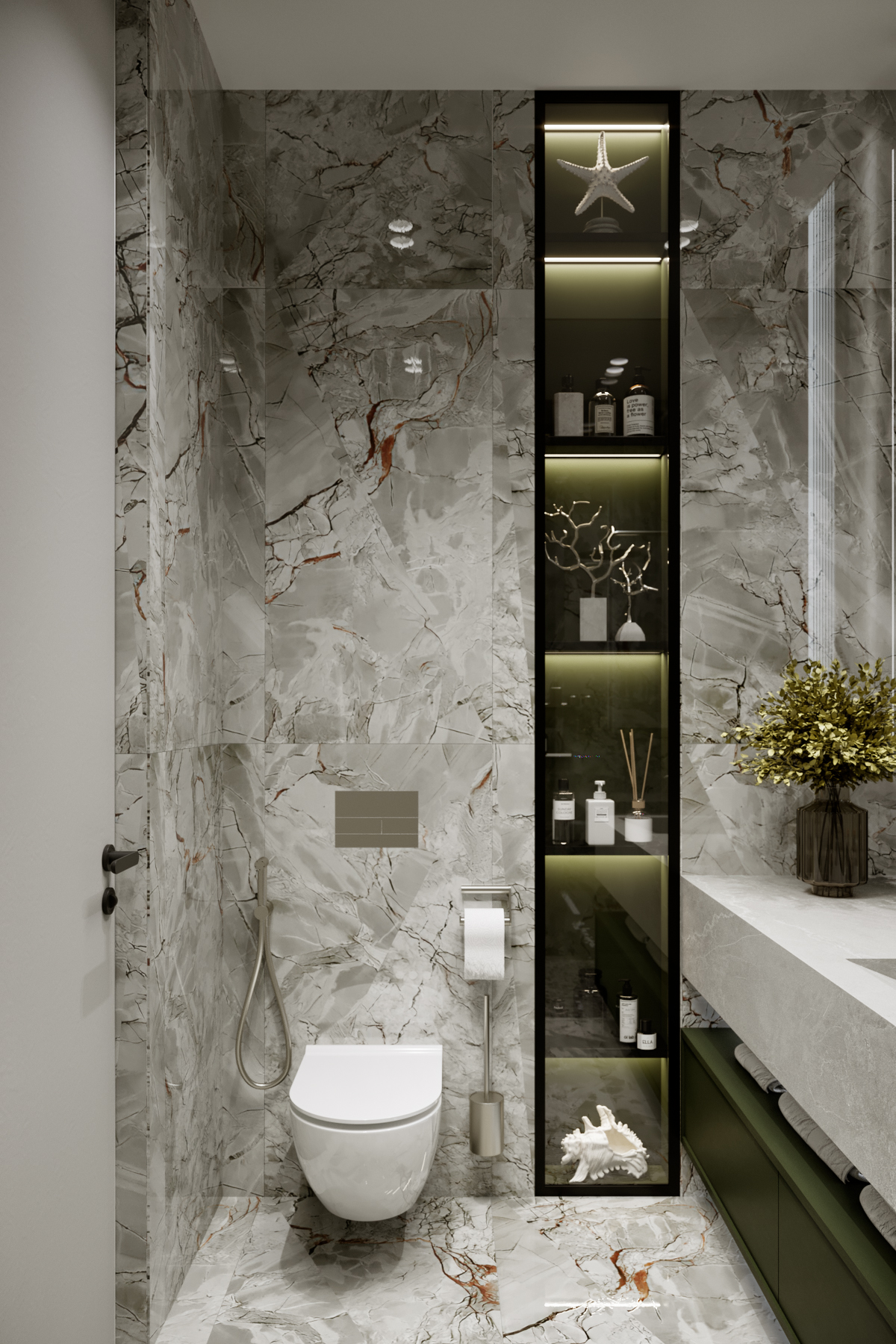 Дизайн интерьера санузла в минималистичном стиле, с использованием натуральных оттенков