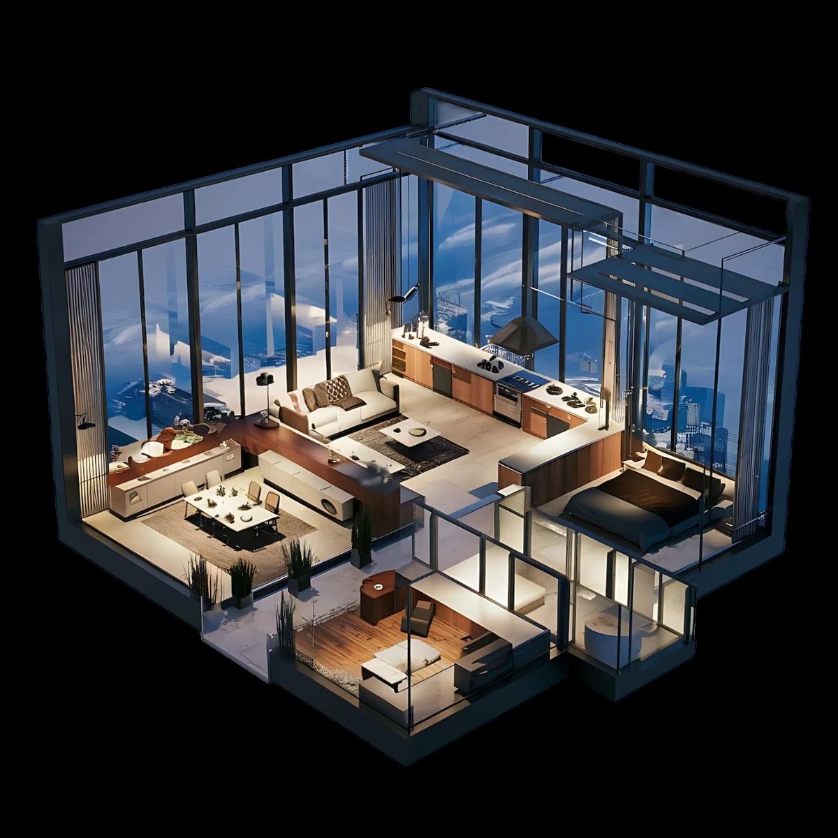 3D визуализация интерьера апартамента с панорамными окнами, гостиной зоной, обеденным столом и современной мебелью
