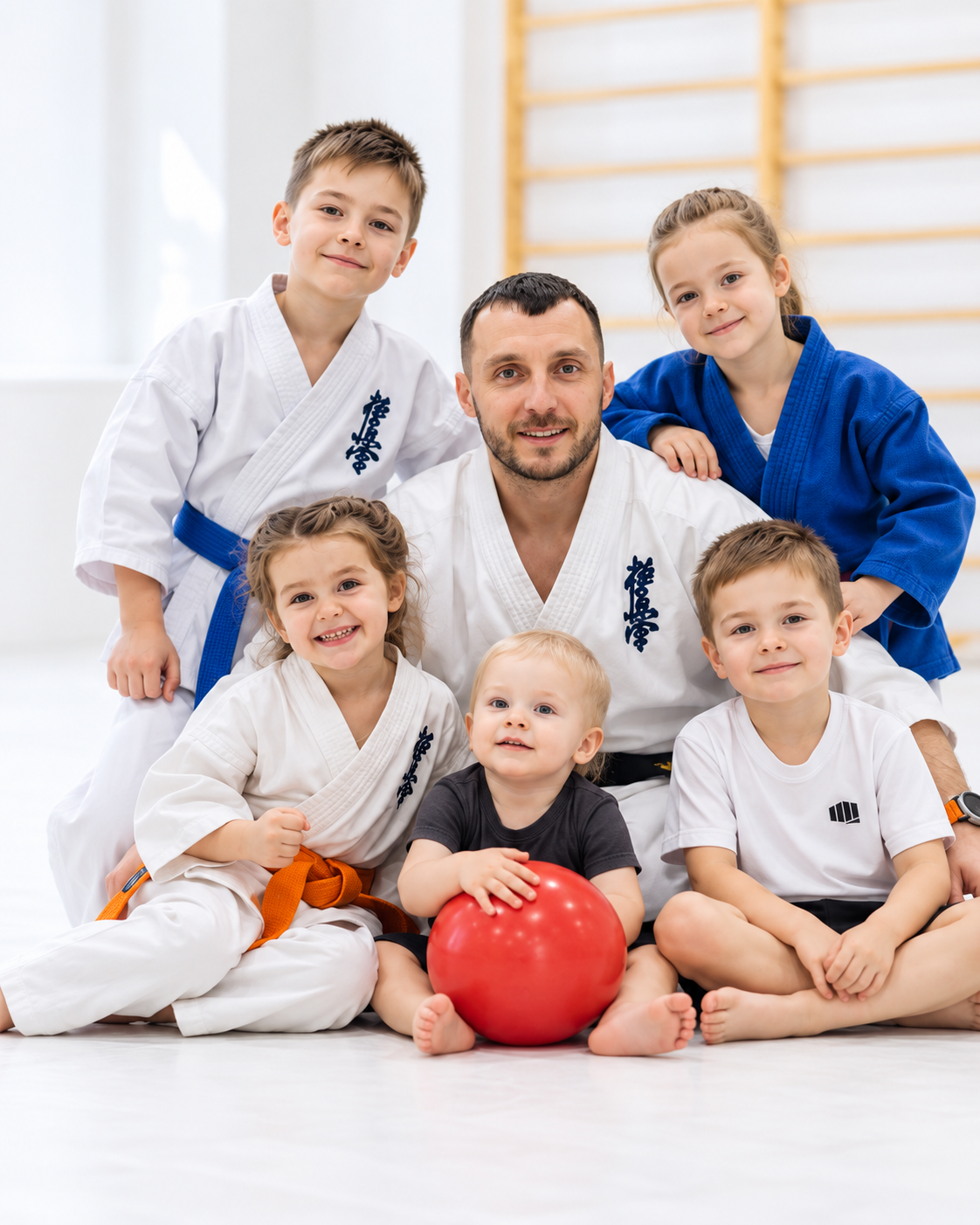 Спортивная композиция: дети разного возраста и тренер