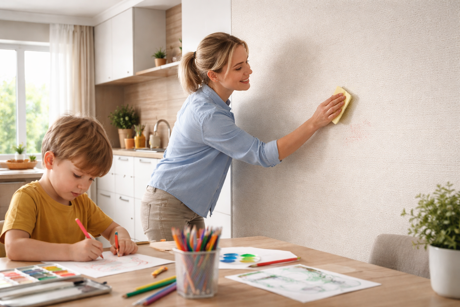 светлая кухня-гостиная: ребёнок рисует за столом, взрослый протирает небольшой след на фактурных моющихся обоях бежево-серого оттенка