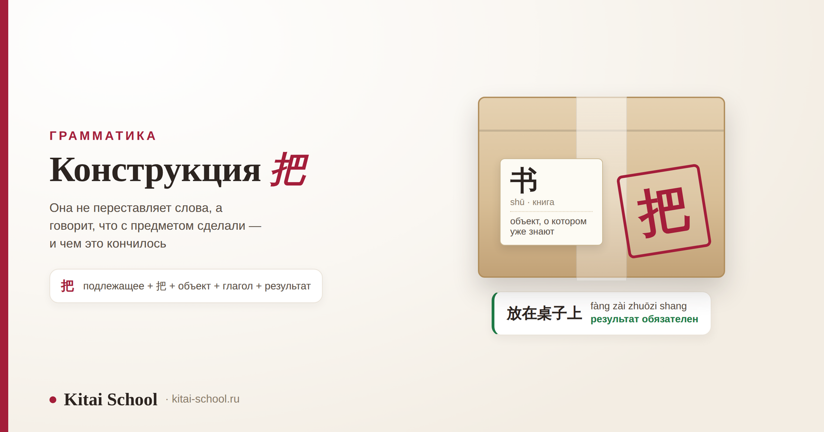 Картонная посылка с ярлыком 书 «книга», красным штампом 把 поверх и строкой результата 放在桌子上; рядом формула: подлежащее плюс 把 плюс объект плюс глагол плюс результат