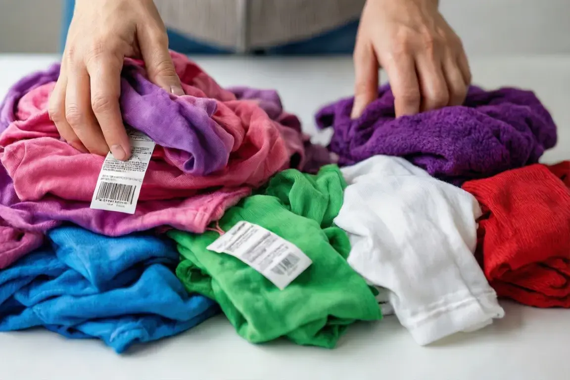 Close-up of hands sorting laundry into separate piles by color and fabric, care labels visible