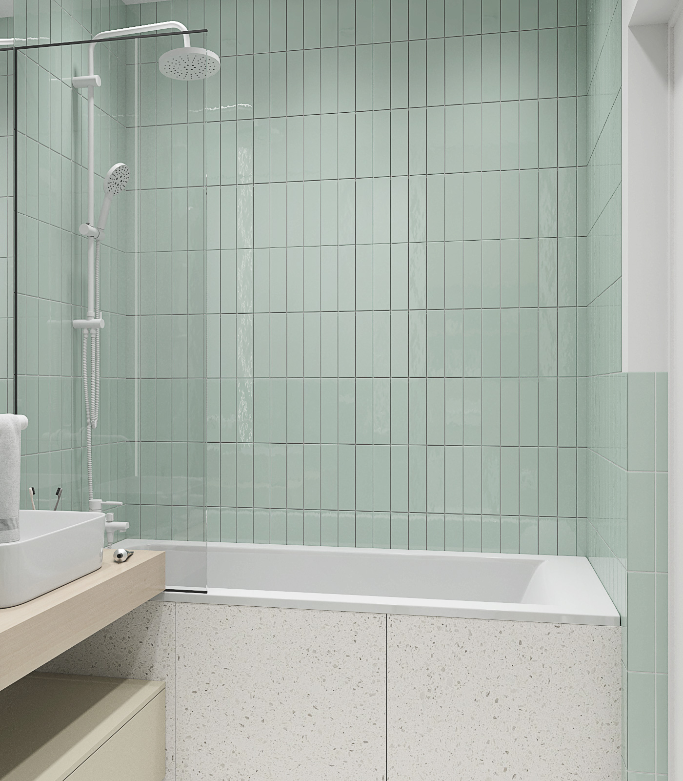 Мятная прямоугольная плитка у ванны, белый керамогранит. Стеклянная шторка на ванной. 