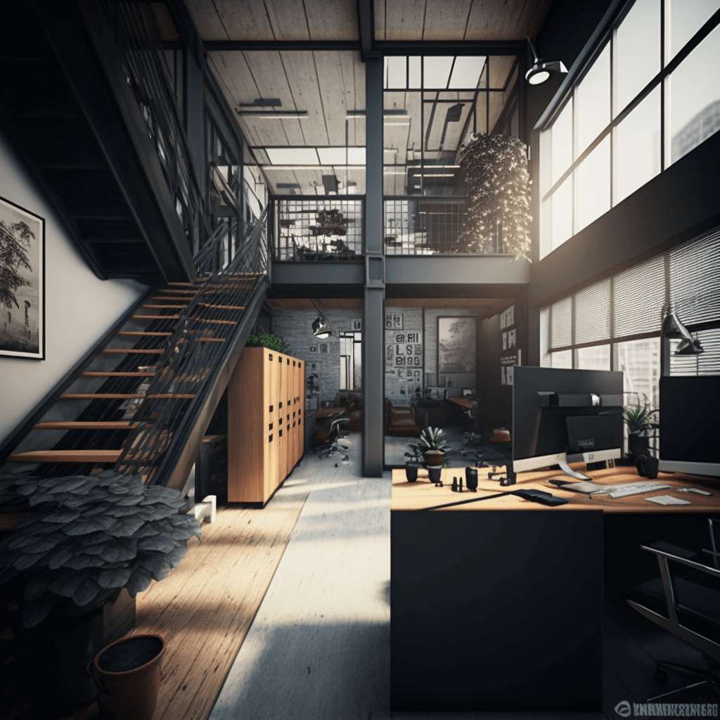 A detailed, photorealistic rendering of a modern, industrial-style office, created with KeyShot