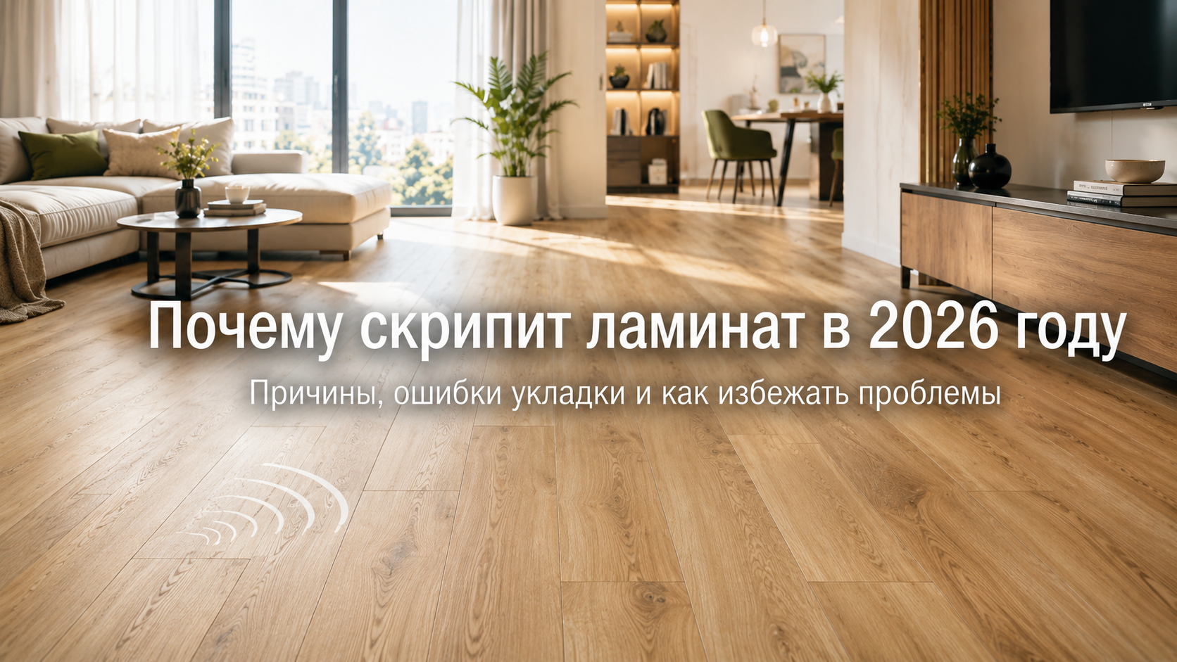 Современный интерьер квартиры с ламинатом под натуральное дерево и визуальным акцентом на тему скрипа пола. Изображение показывает, что скрип ламината чаще всего связан не только с самим покрытием, но и с ошибками подготовки основания, неправильной подлож