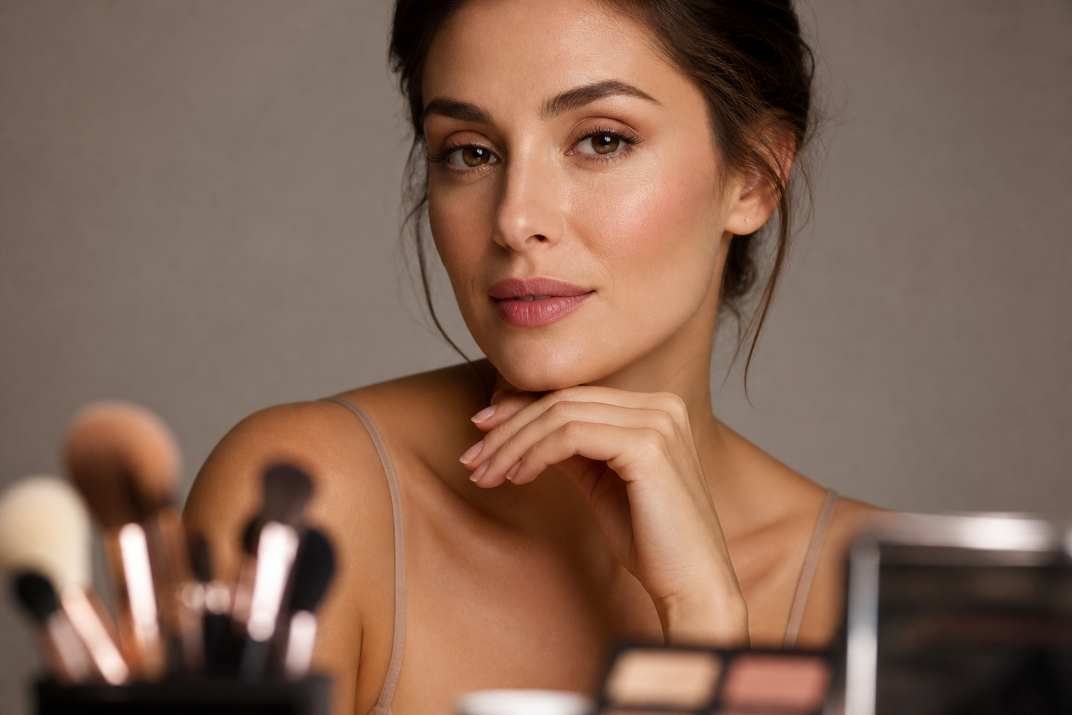 Подготовка к beauty-съёмке: ухоженная кожа модели кисти для макияжа и чистый бьюти-образ